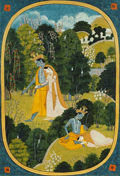 Radha and Krishna walking in a grove, Kangra, Himachal Pradesh, Pahari School, 1820-25 a Pahari School