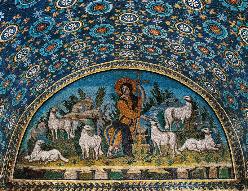 Der gute Hirte, Mosaik der Lünette über der Eingangstür des Mausolee der Galla Placidia, um 425 (Mos a Paleo-Christian