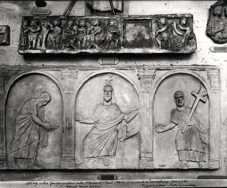 Top: Lid of a sarcophagus depicting Adam and Eve, Daniel and Jonah; Bottom: Christ Enthroned with St a Paleo-Christian