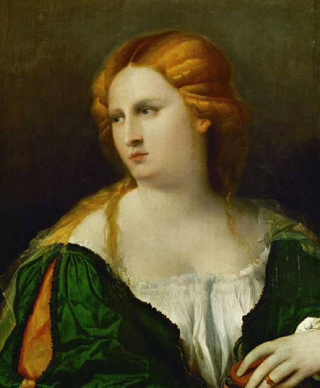 Junge Frau in grünem Kleid mit einer Schachtel in der Hand a Palma il Vecchio (eigentl. Jacopo Negretti)