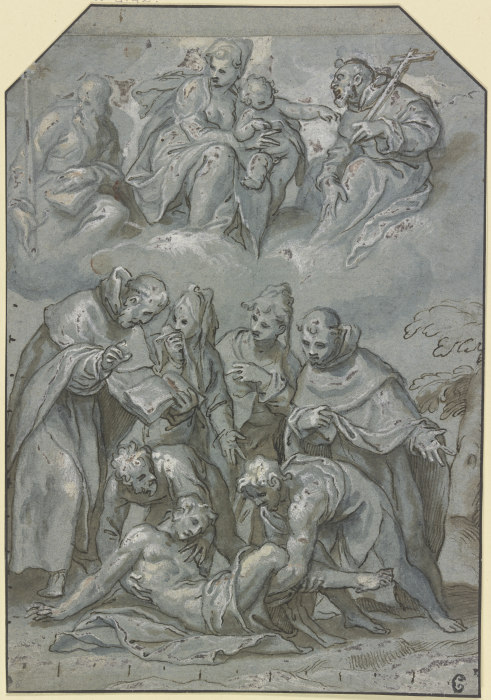 Bergung eines Jünglings in Anwesenheit von zwei Mönchen und zwei Frauen, darüber in Wolken die Madon a Paolo Farinati