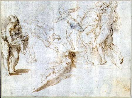Figure Studies: Woman Holding a Baby; Man Pursued by Another; Nude Woman Lying on Ground; Hercules a a Parmigianino