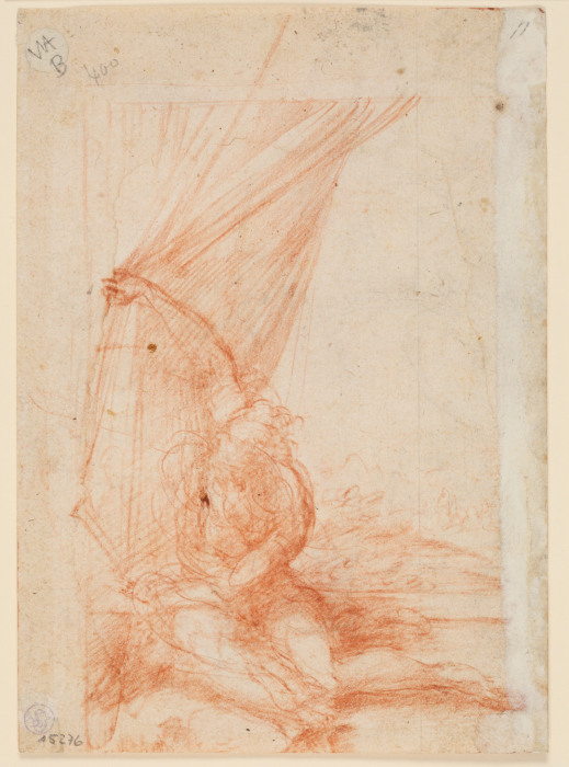 Sitzende Gestalt, die einen Vorhang beiseite schiebt a Parmigianino