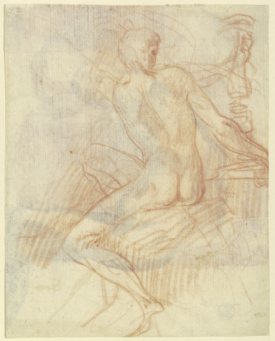 Sitzender männlicher Akt nach links, zurückgewandt einen hinter ihm stehenden Kandelaber haltend a Parmigianino