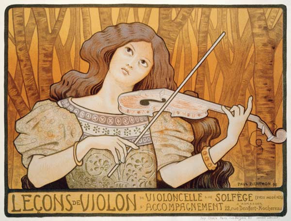 Reproduction of a poster advertising 'Violin Lessons', Rue Denfert-Rochereau, Paris, 1898 (colour li a Paul Berthon