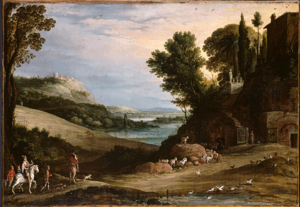 An Italianate Landscape with a Hawking Party Approaching a Villa a Paul Bril