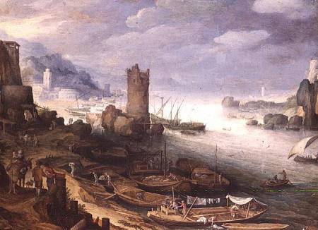 River Scene with a Ruined Tower a Paul Brill or Bril