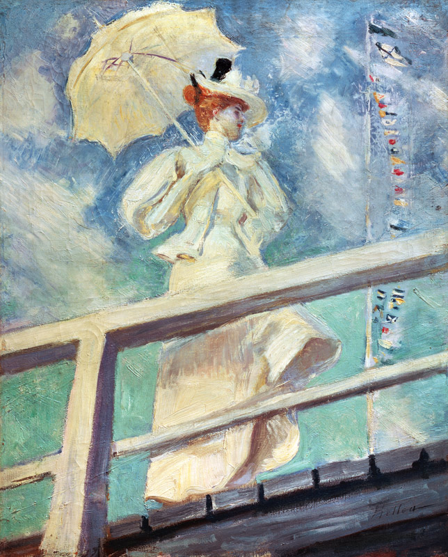 Frau in weißem Kleid mit Sonnenschirm a Paul César François Helleu