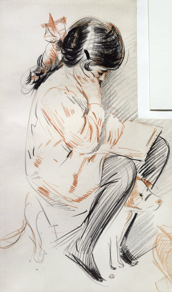 Paulette Reading Sitting on her Toy Dog (coloured pencil on paper) a Paul Cesar Helleu