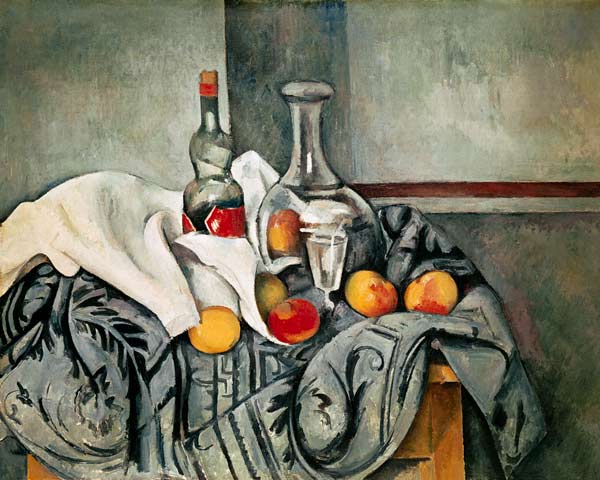 Quiet life with peaches and bottles a Paul Cézanne