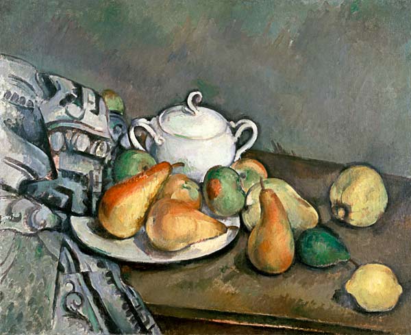 Sugar bowl,apples a.cloth a Paul Cézanne