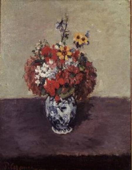 Flowers in a Delft vase a Paul Cézanne