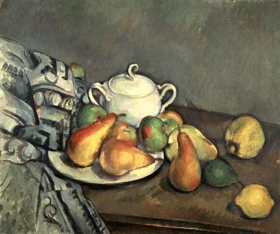 Quiet life with sugar bowl, pears and tablecloth a Paul Cézanne