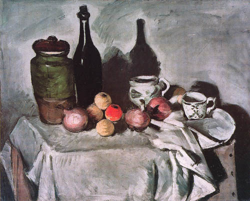 Still life with fruits and dishes a Paul Cézanne
