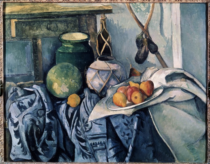Still Life with a flagon and aubergines a Paul Cézanne