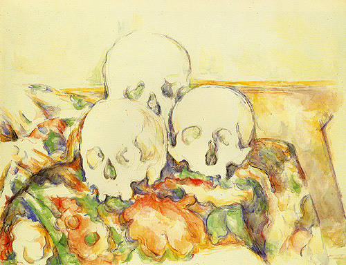 Quiet life with three dead man skulls a Paul Cézanne