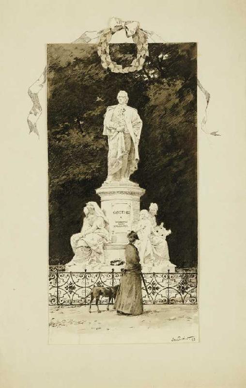 Elegante Dame vor einem Goethe-Denkmal a Paul Fischer