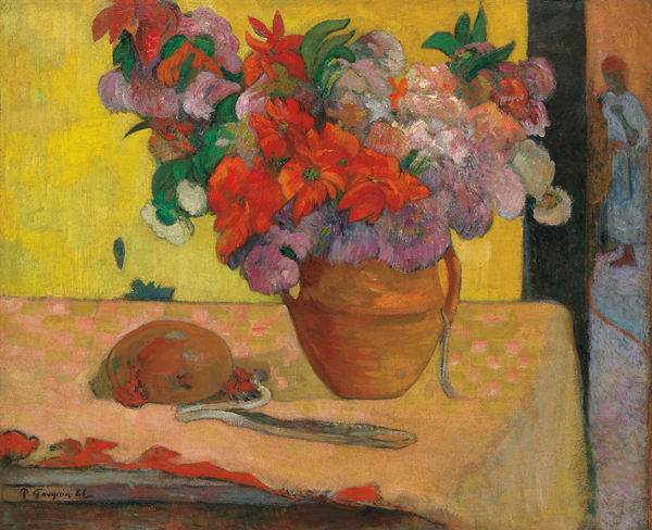 Fiori in un vaso e bottiglia d'acqua a Paul Gauguin