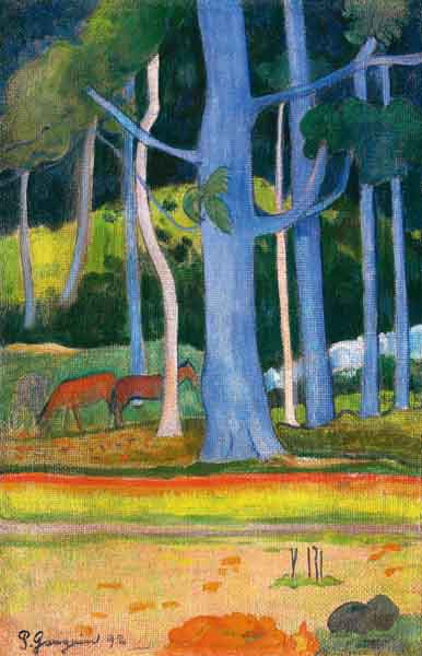 Landscape with blue trees (Paysage aux troncs bleus) a Paul Gauguin