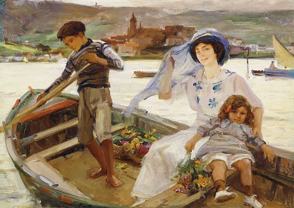 A Mother and Child being Ferried across a River with a Town Beyond, 1913 a Paul Michel Dupuy