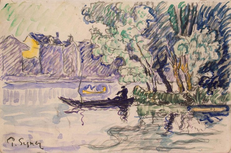 Fisherman in a Boat Near a Bank of the Seine a Paul Signac