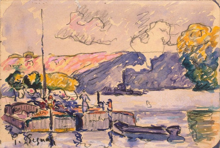Two Barges, Boat, and Tugboat in Samois a Paul Signac