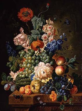 Fruit and Flowers on a Marble Table