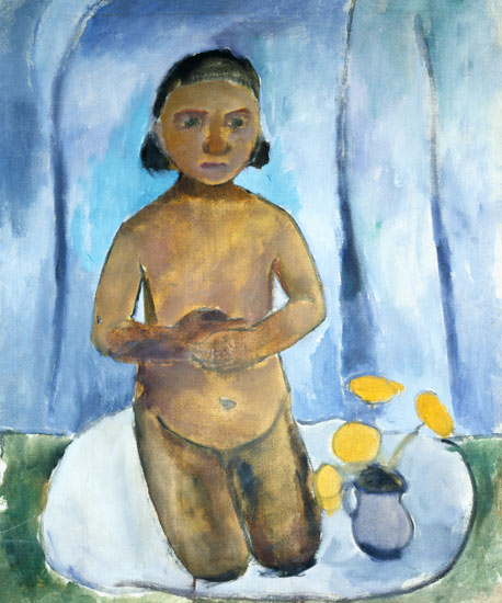 Kniendes child in front of a blue curtain a Paula Modersohn-Becker
