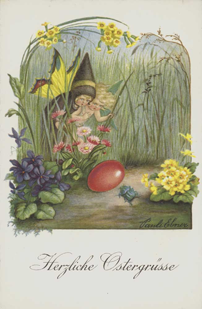 Easter greetings card depicting two fairies in a spring garden. a Pauli Ebner
