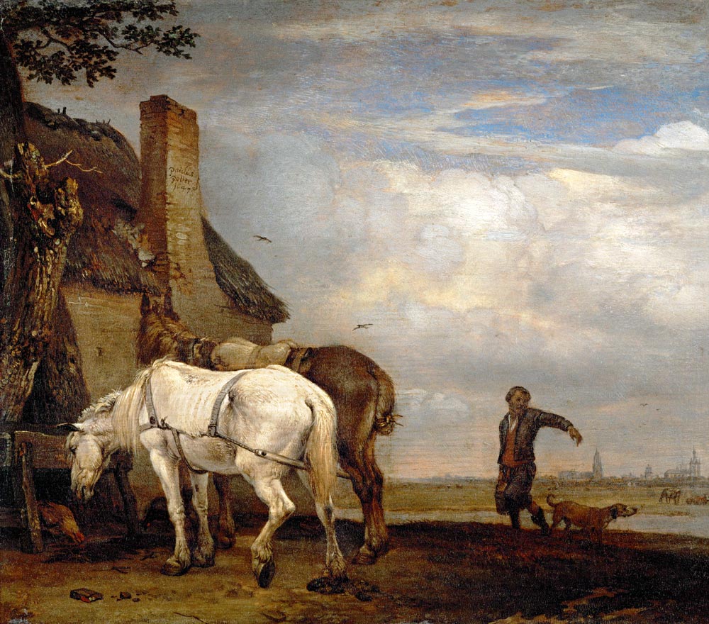Two horses outside a farmhouse a Paulus Potter