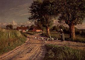 Farmer with geese on the evening way home a Peder Moensted
