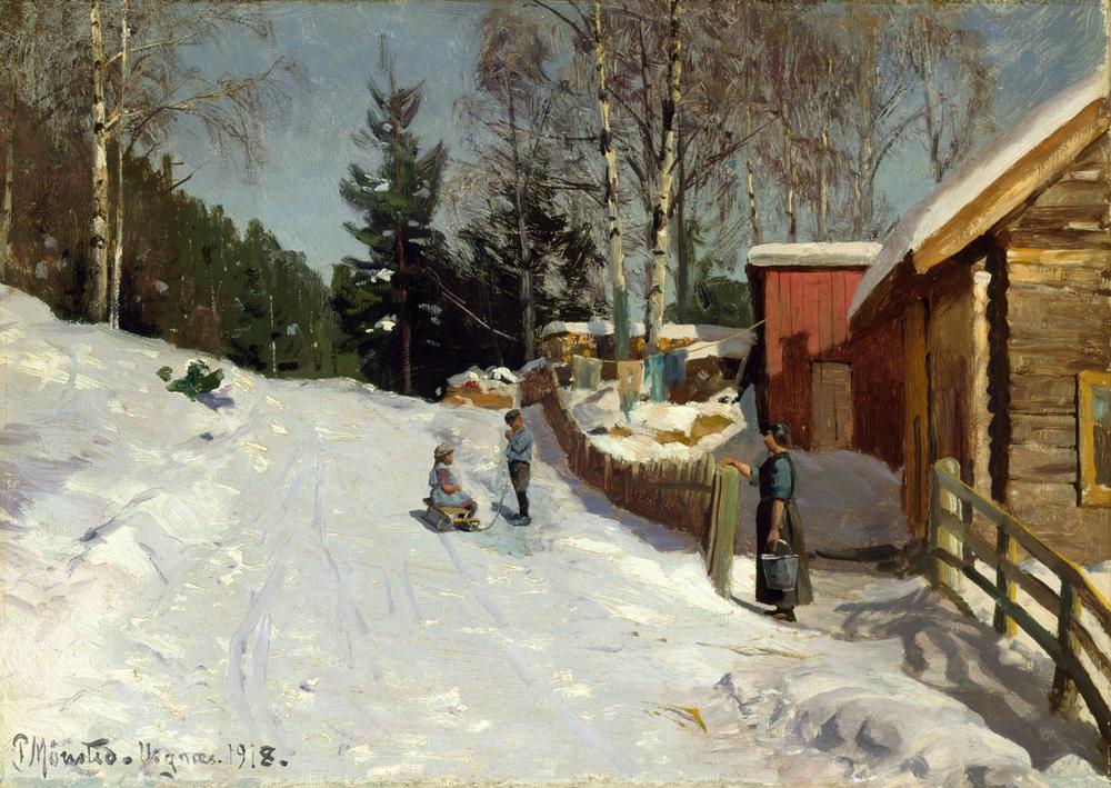 Children Playing in a Snowy Village Lane a Peder Moensted