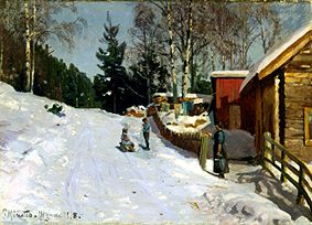 Playing children on snow-covered Dorfstrasse a Peder Moensted