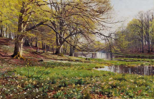 Riverside in spring with playing children a Peder Moensted