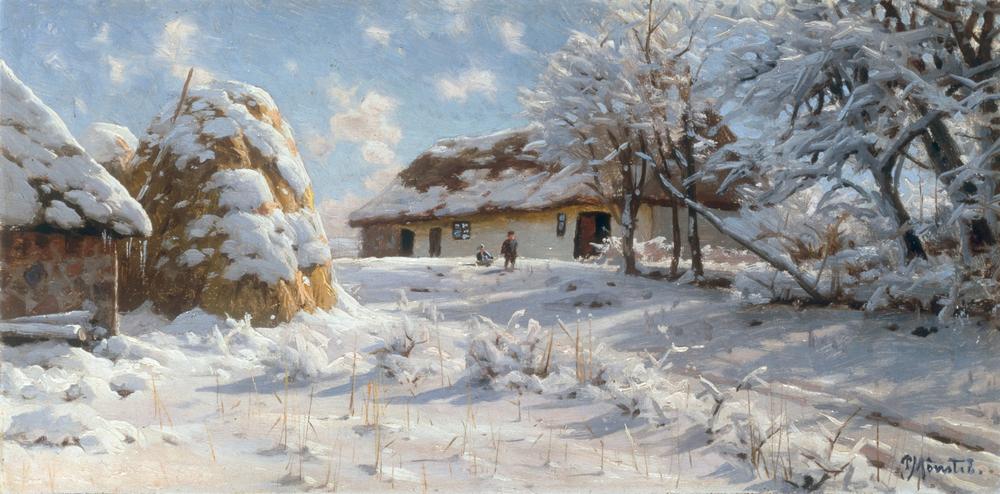 Village scene in snow with children tobogganing a Peder Moensted