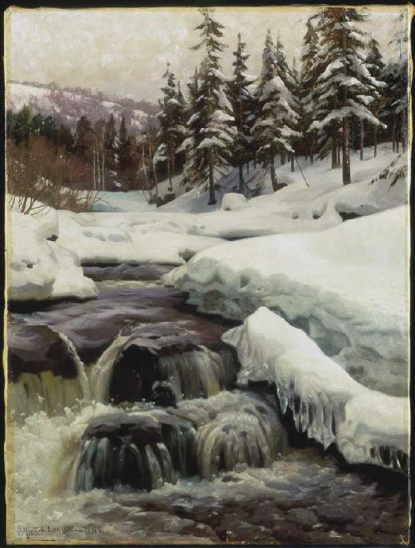 Winter landscape with mountain stream (Lillehammer) a Peder Moensted