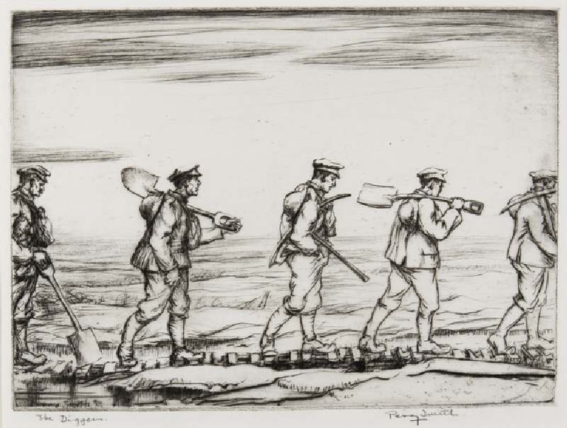 The Diggers, 1918 (etching) a Percy John Delf Smith