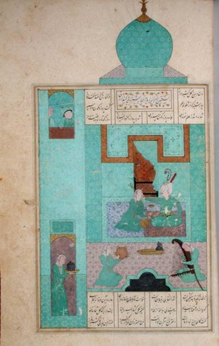 Ms D-212 fol.216a Bahram Visits a Princess in the Turquoise Pavilion, illustration to 'The Seven Pri a Persian School
