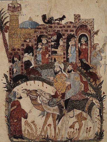 Ar 5847 f.138 Abu Zayd and Al-Harith questioning villagers from 'The Maqamat' (The Meetings) by Al-H a Persian School