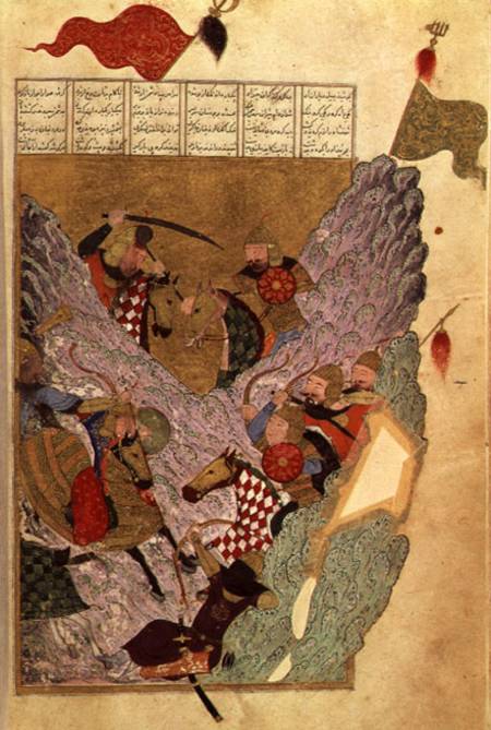 Genghis Khan (c.1162-1227) fighting the Chinese in the mountains, a scene from Ahmad Tabrizi's 'Shah a Persian School