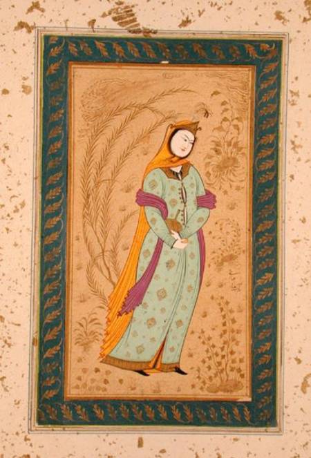 Girl holding a wine vessel and a pear, from the Large Clive Album a Persian School
