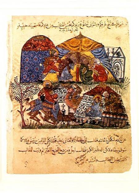 An old man and a young man in front of the tents of the rich pilgrims, from 'The Maqamat' (The Meeti a Persian School