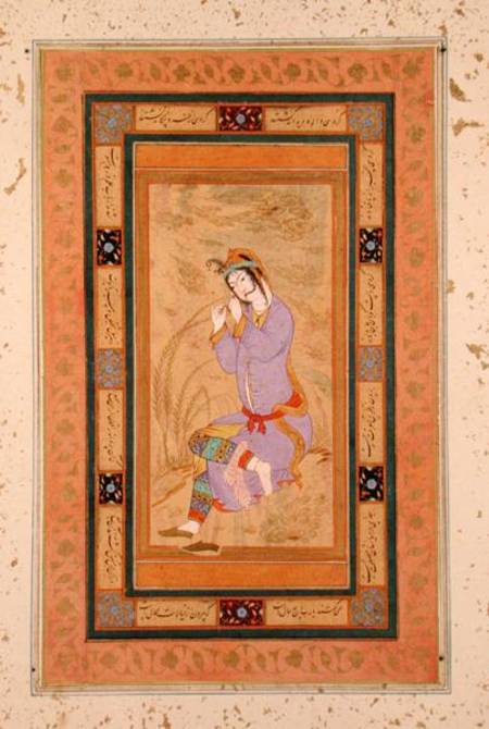 Seated girl curling her hair into ringlets, from the Large Clive Album a Persian School