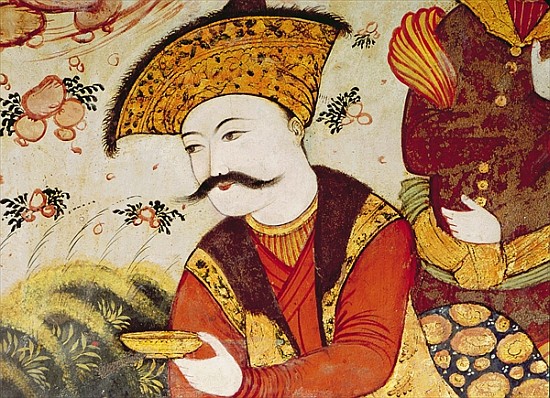 Shah Abbas I (1588-1629) and a Courtier offering fruit and drink (detail of 155563 showing the head  a Persian School