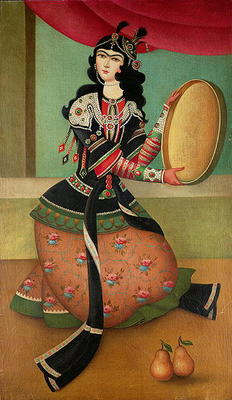 A Dancing Girl with a Tambourine, Qajar school (oil on canvas) a Persian School, (19th century)