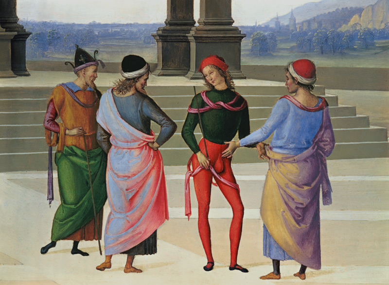 Detail from wedding of Mariae: Four men a Perugino (alias Pietro di Cristoforo Vanucci)
