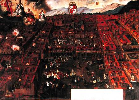 View of Cuzco at the time of the earthquake of 1650 a Peruvian School