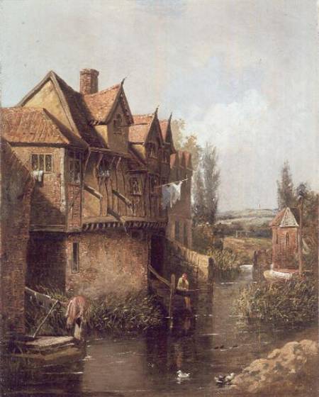 Boy fishing by a mill a Peter Deakin