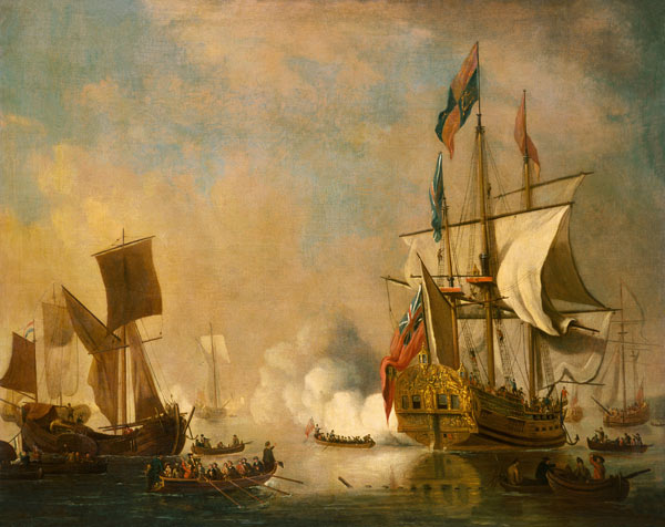 The royal yacht "The Peregrine", a Dutch galleon and other ships a Peter Monamy (entourage)