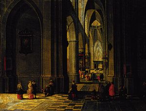 Inside of a Gothic church with three naves a Peter Neefs il vecchio